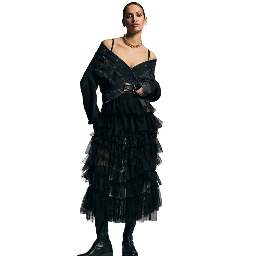 RUFFLE TIERED TULLE MESH MAXI SKIRT IN BLACK new with tags Medium